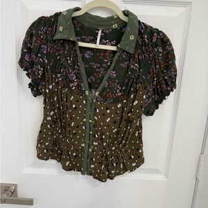Free People Green and Brown Floral Blouse